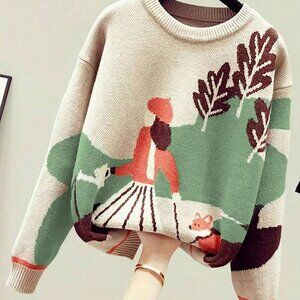 Khaki Casual Women's Cartoon Long Sleeve Knit Sweater